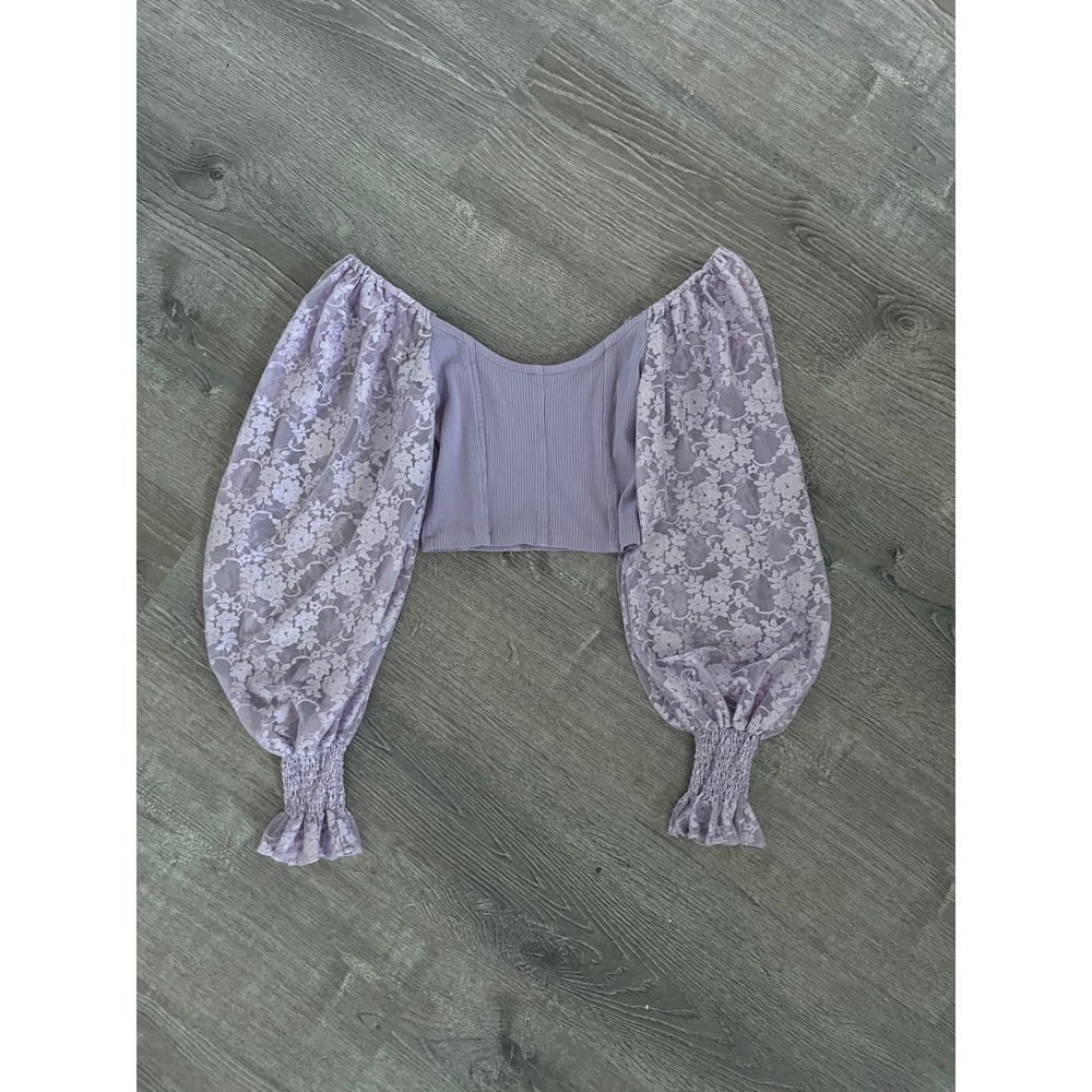 Urban Outfitters Lilac Ribbed Lace Balloon Sleeve Crop Top Lavender Purple Small